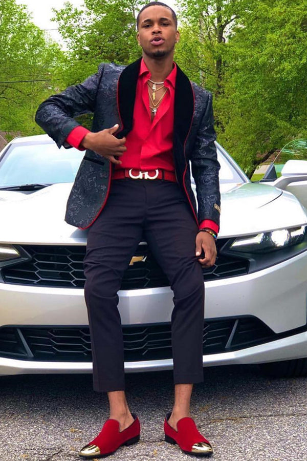 Black Jacquard Prom Suit with Velvet Shawl Lapel