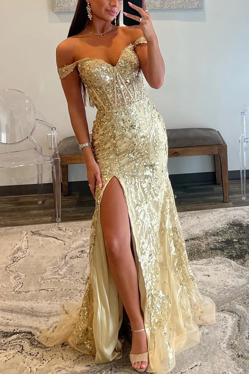 Sparkly Off the Shoulder Mermaid Sequins Long Prom Dress with Slit