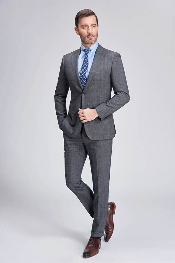 Advanced Grey Plaid Mens Suits for Business Peak Lapel Bespoke Suits for Men Sale-showprettydress