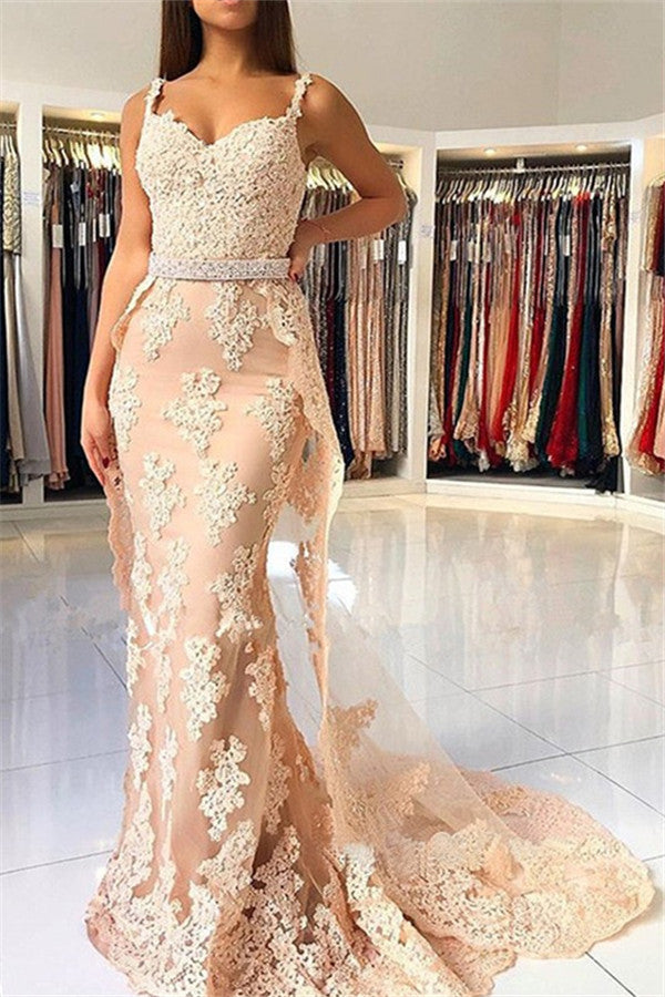 Alluring Elegant Lace Spaghetti Strap Chic Mermaid Prom Dresses Sleeveless Evening Dresses with Over-skirt-showprettydress