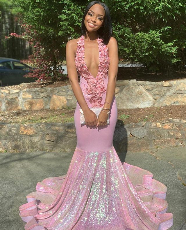 Alluring Halter Applique Glittering Sequins Prom Dresses Ruffles Open Back Chic Mermaid Sleeveless Evening Dresses-showprettydress