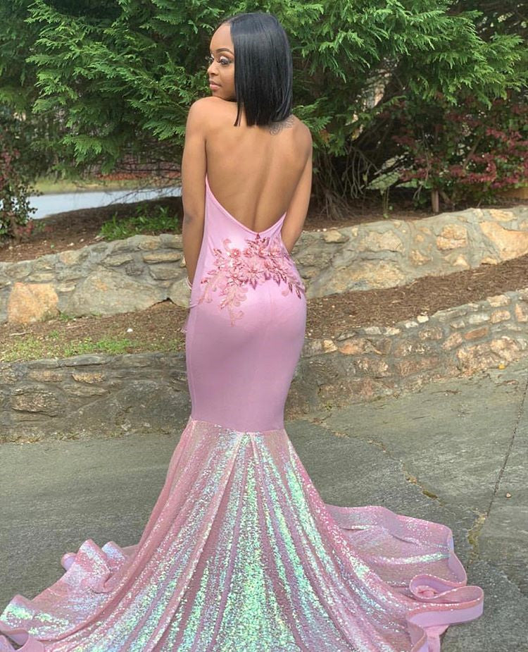 Alluring Halter Applique Glittering Sequins Prom Dresses Ruffles Open Back Chic Mermaid Sleeveless Evening Dresses-showprettydress