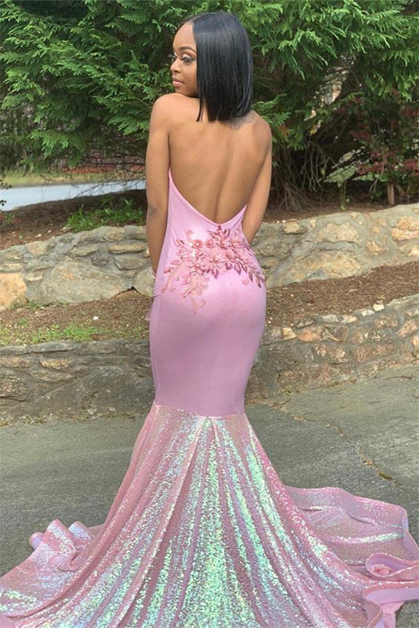 Alluring Halter Applique Glittering Sequins Prom Dresses Ruffles Open Back Chic Mermaid Sleeveless Evening Dresses-showprettydress
