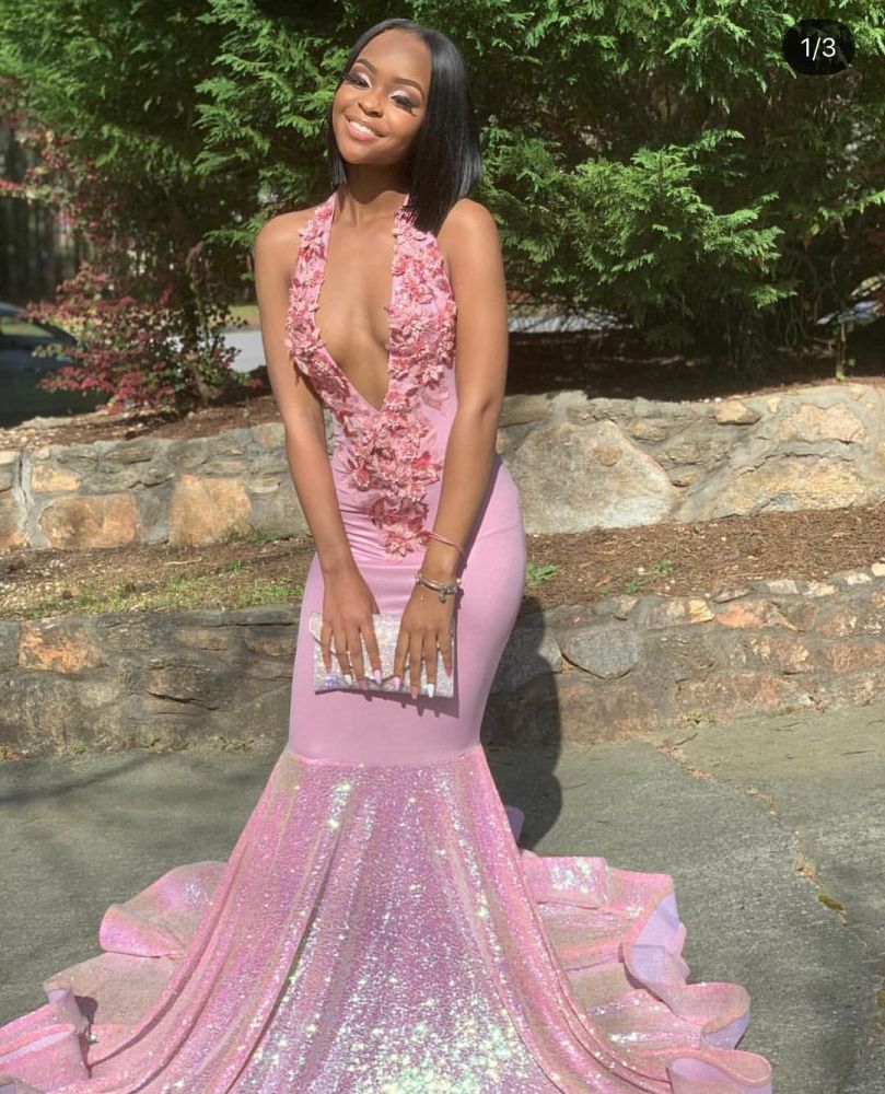 Alluring Halter Applique Glittering Sequins Prom Dresses Ruffles Open Back Chic Mermaid Sleeveless Evening Dresses-showprettydress