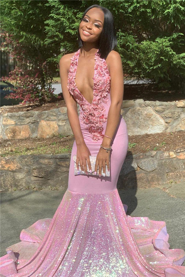 Alluring Halter Applique Glittering Sequins Prom Dresses Ruffles Open Back Chic Mermaid Sleeveless Evening Dresses-showprettydress
