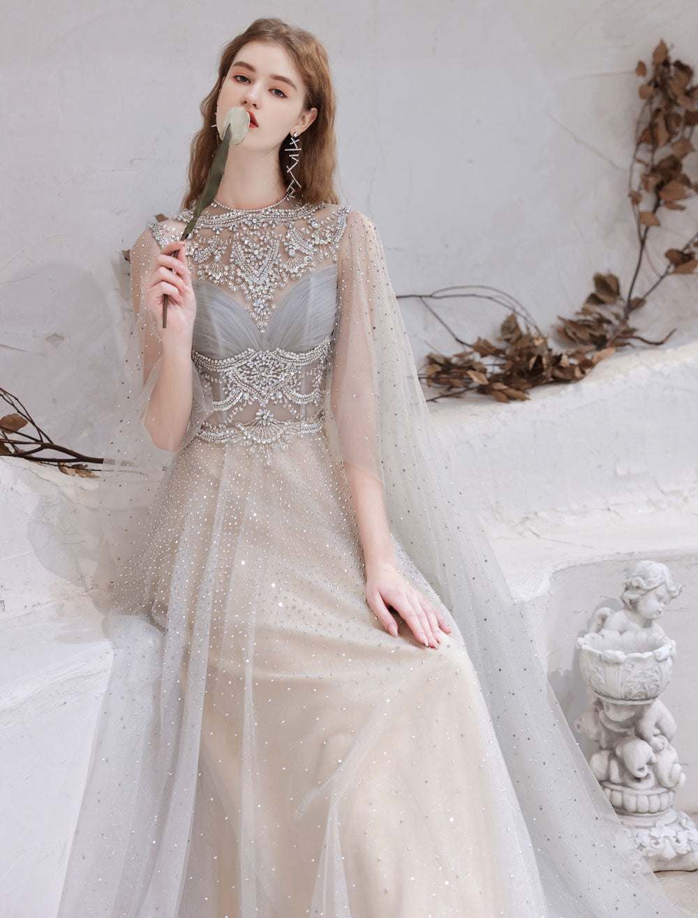 Amazing Evening Dress Light Grey A Line Jewel Neck Floor Length Sleeveless Zipper Social Party Dresses Pageant Dress-showprettydress