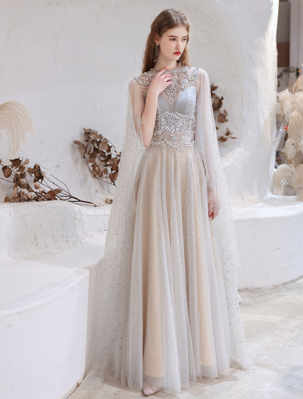 Amazing Evening Dress Light Grey A Line Jewel Neck Floor Length Sleeveless Zipper Social Party Dresses Pageant Dress-showprettydress