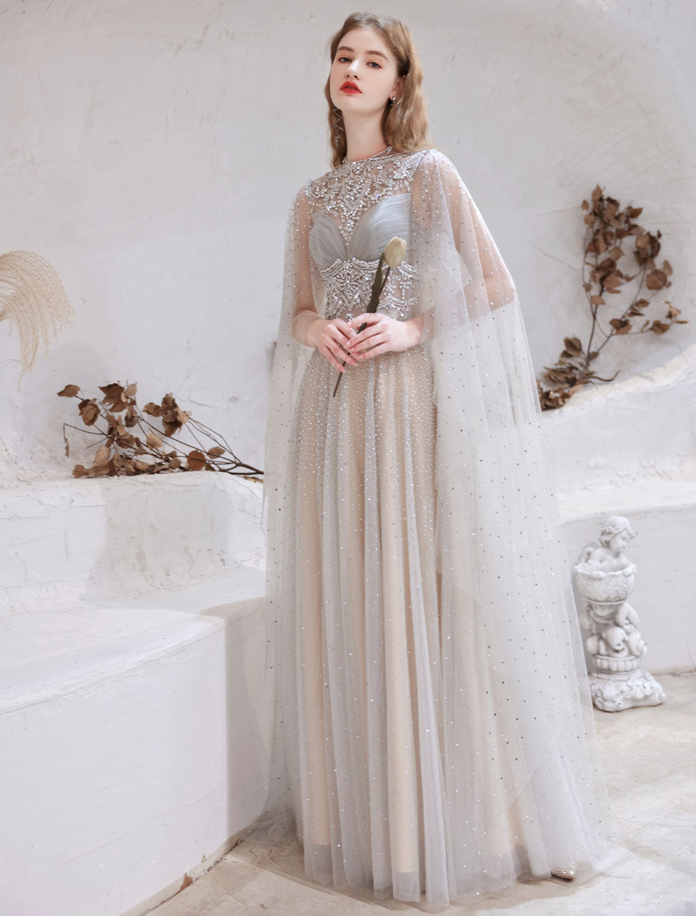 Amazing Evening Dress Light Grey A Line Jewel Neck Floor Length Sleeveless Zipper Social Party Dresses Pageant Dress-showprettydress