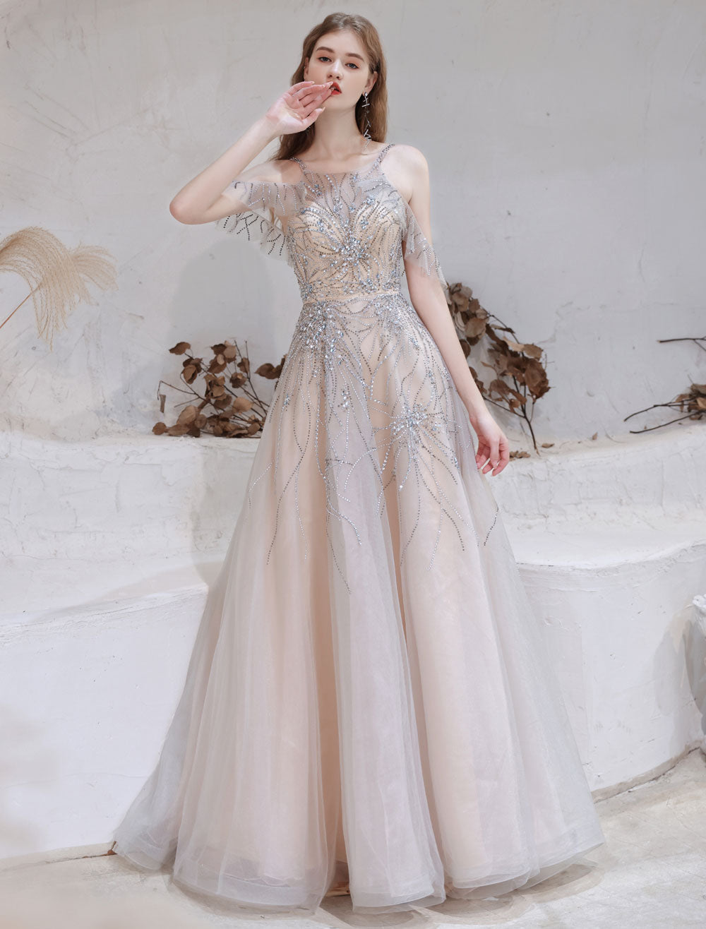Amazing Evening Dress Nude Color A Line Bateau Neck With Train Sleevel