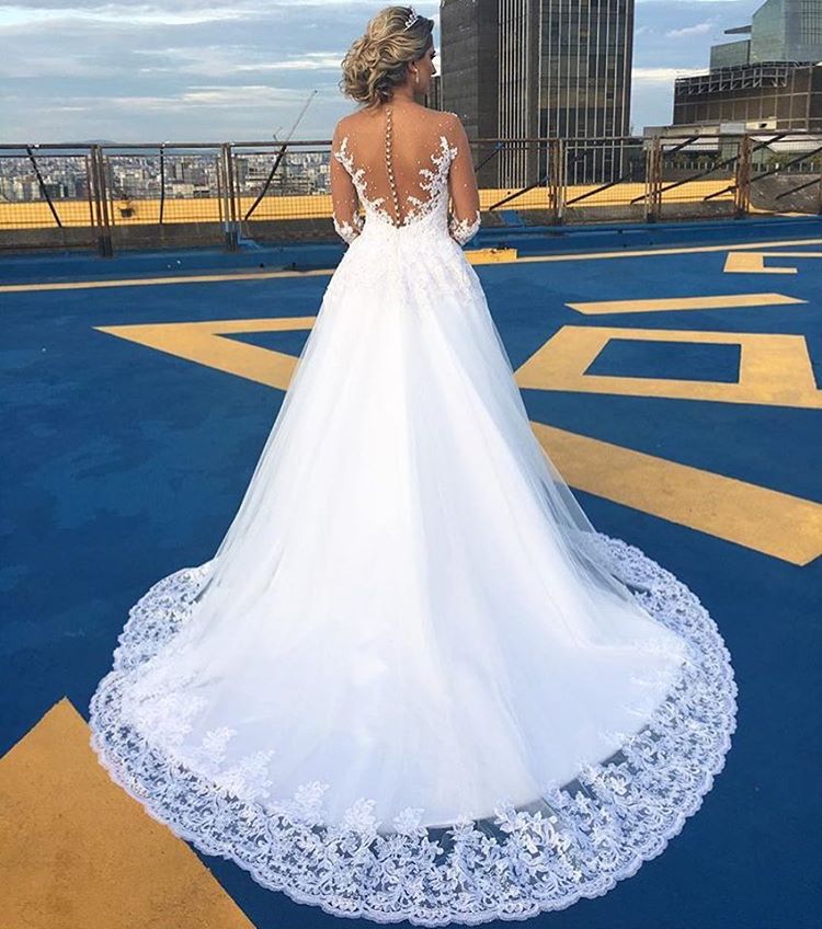 Amazing Lace Sweep Train Bridal Gown Long Sleeves Tulle Wedding Dresses-showprettydress