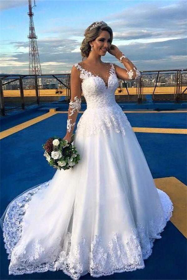 Amazing Lace Sweep Train Bridal Gown Long Sleeves Tulle Wedding Dresses-showprettydress