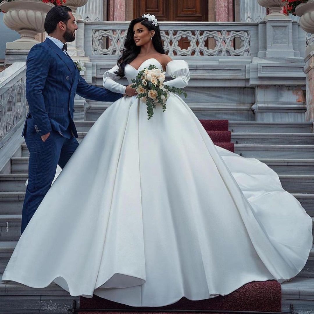 Amazing Long Princess Satin Sweetheart Wedding Dresses with Sleeves-showprettydress
