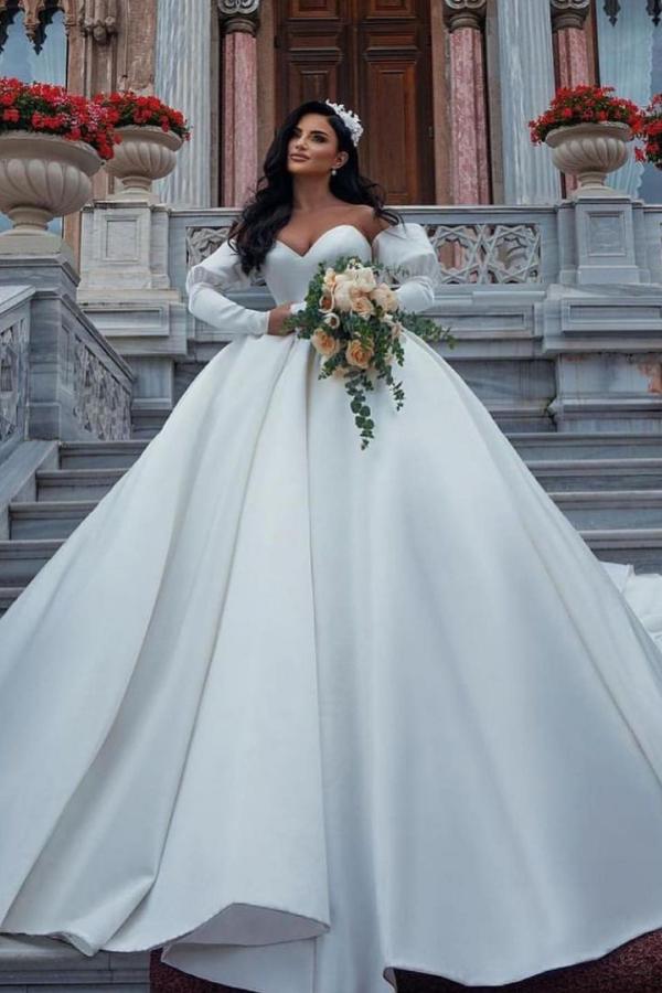 Amazing Long Princess Satin Sweetheart Wedding Dresses with Sleeves-showprettydress