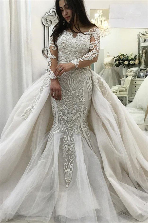 Amazing Long Sleeves Lace Mermaid Bridal Gowns Detachable Train New Arrival Ruffless Bridal Gowns-showprettydress