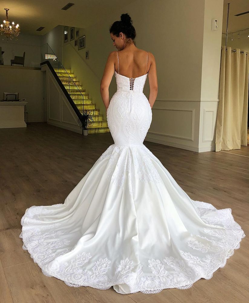 Amazing Mermaid Spaghetti Straps Sleeveless Lace Wedding Dresses-showprettydress