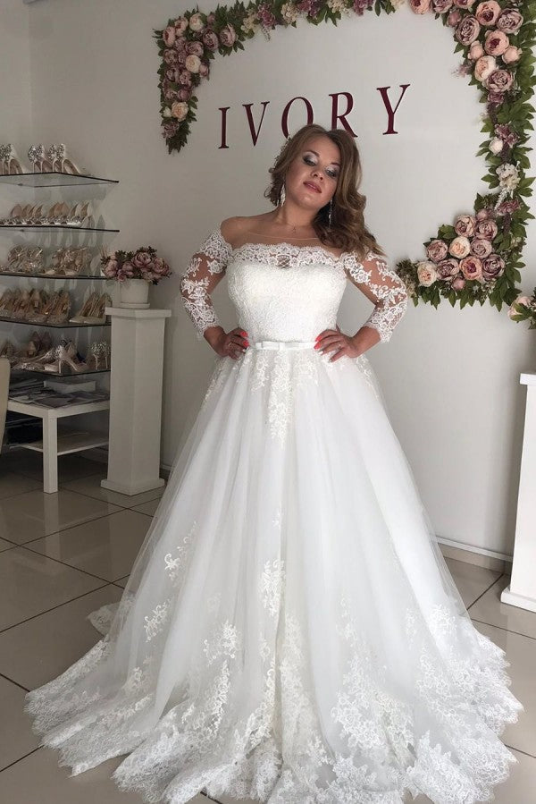 Amazing Off the shoulder Long Sleevess Lace Princess Plus size wedding dress-showprettydress
