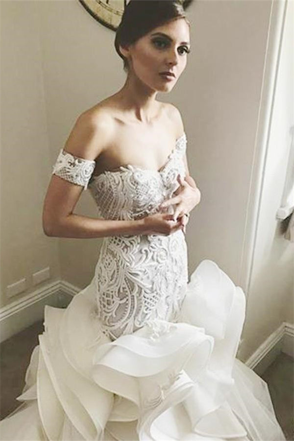 Amazing Off the Shoulder Mermaid Ruffless Bridal GownsNew Arrival White Lace Appliques Zipper Wedding Dress-showprettydress