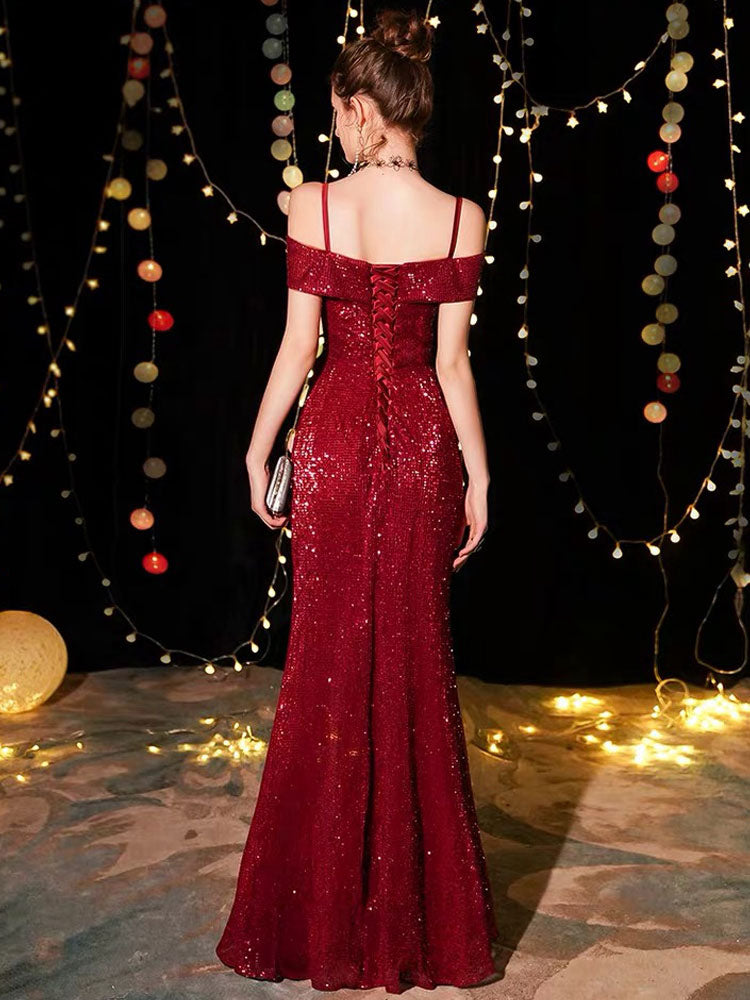 Amazing Sequin Evening Dresses Sexy Off The Shoulder Split Floor Length Maxi Dress-showprettydress