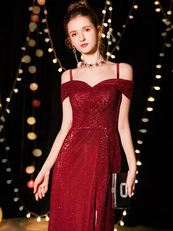 Amazing Sequin Evening Dresses Sexy Off The Shoulder Split Floor Length Maxi Dress-showprettydress