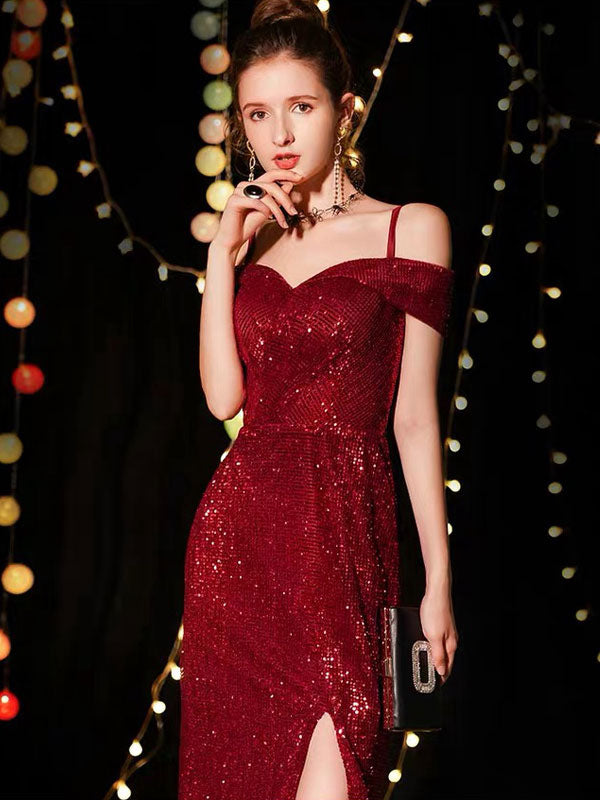 Amazing Sequin Evening Dresses Sexy Off The Shoulder Split Floor Length Maxi Dress-showprettydress