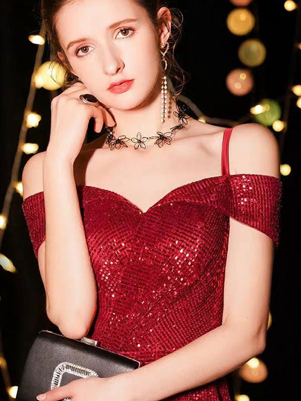 Amazing Sequin Evening Dresses Sexy Off The Shoulder Split Floor Length Maxi Dress-showprettydress