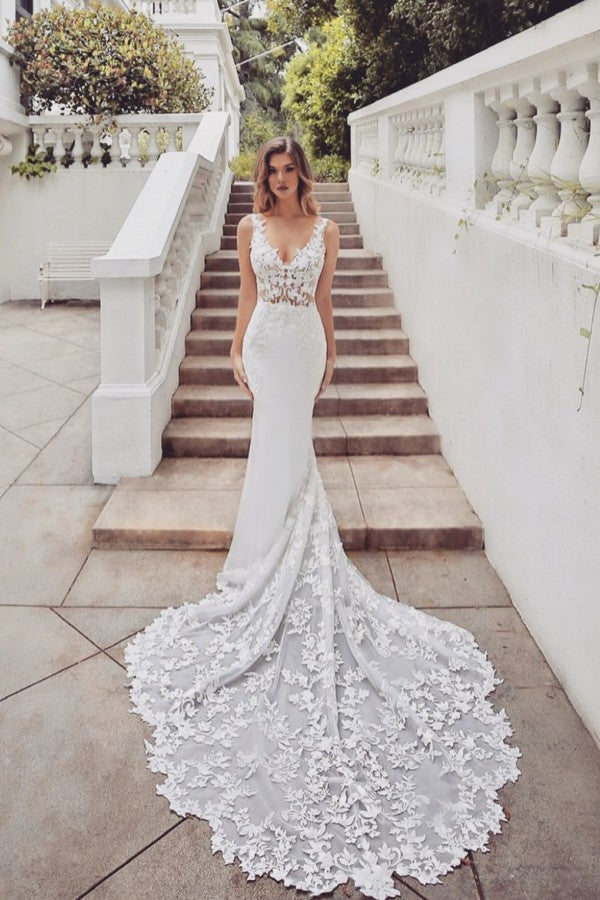 Amazing Train Sleeveless V neck Lace mermaid wedding dresses-showprettydress
