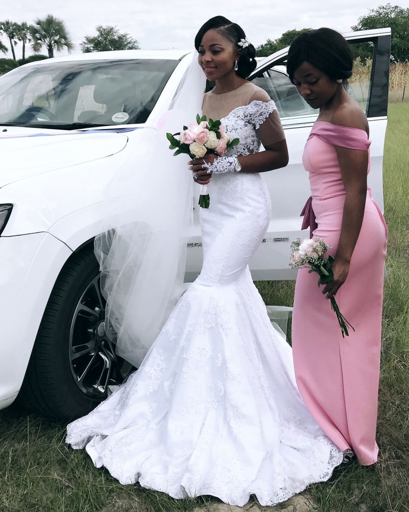 Appliques Sheer Tulle Mermaid Wedding Dresses Floor Length Pleated Bridal Gowns-showprettydress