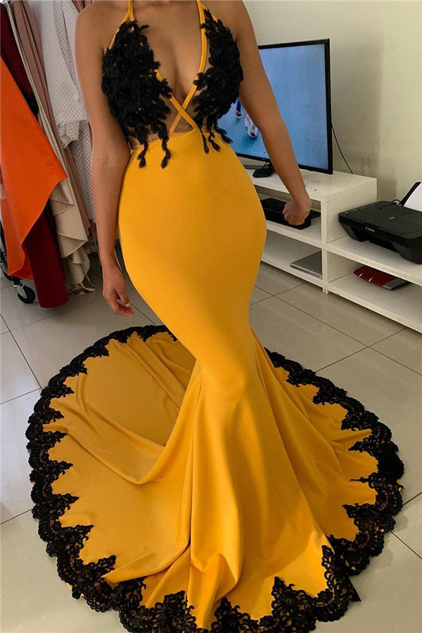 Appliques V-neck Mermaid Halter Prom Dresses Floor Length Formal Party Dresses-showprettydress