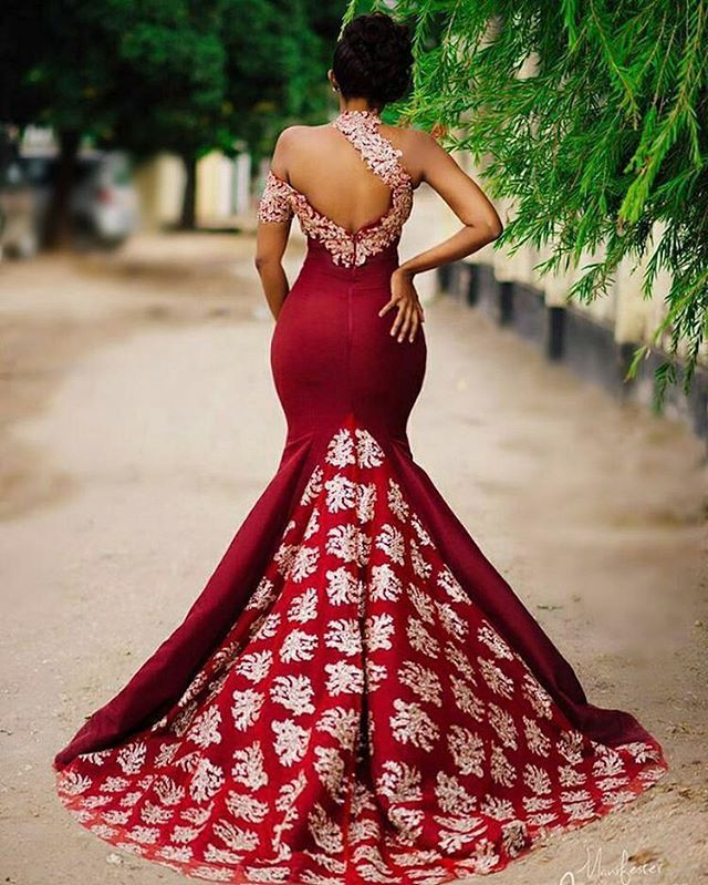 Asymmetric Halter Appliques Court Train Burgundy Mermaid Prom Gowns-showprettydress