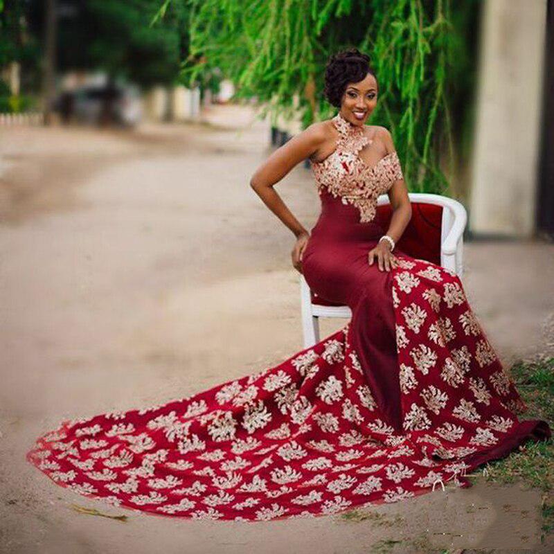Asymmetric Halter Appliques Court Train Burgundy Mermaid Prom Gowns-showprettydress