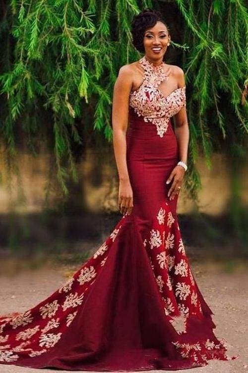 Asymmetric Halter Appliques Court Train Burgundy Mermaid Prom Gowns-showprettydress