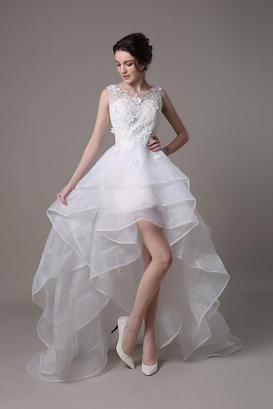 Asymmetrical Organza Wedding Dress High Low A-Line With Lace Beading Flower Exclusive-Showprettydress