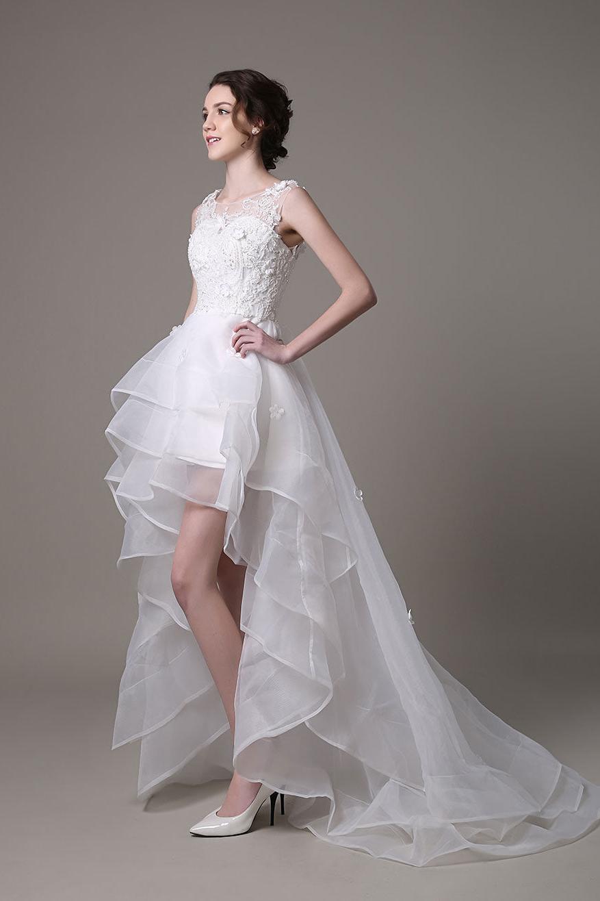 Asymmetrical Organza Wedding Dress High Low A-Line With Lace Beading Flower Exclusive-Showprettydress