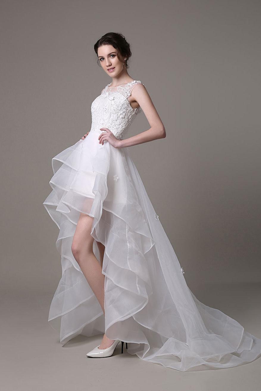 Asymmetrical Organza Wedding Dress High Low A-Line With Lace Beading Flower Exclusive-Showprettydress