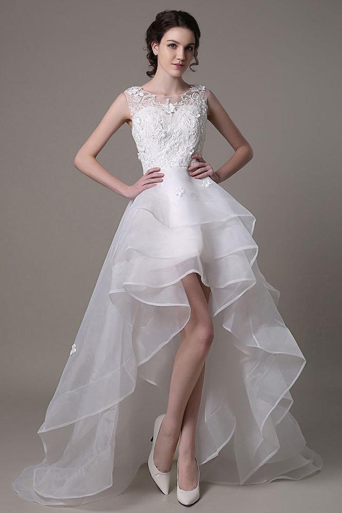 Asymmetrical Organza Wedding Dress High Low A-Line With Lace Beading Flower Exclusive-Showprettydress