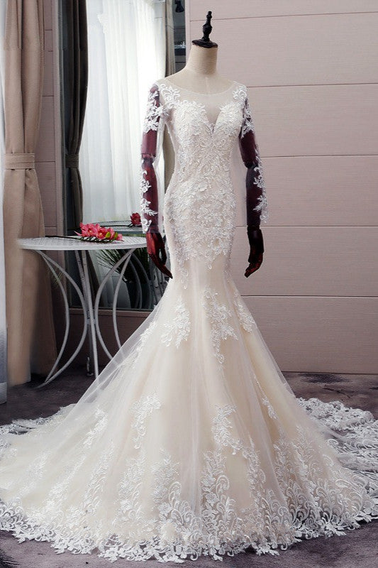 Autumn Long Sleevess Mermaid Lace appliques Ivory Wedding Dress-showprettydress