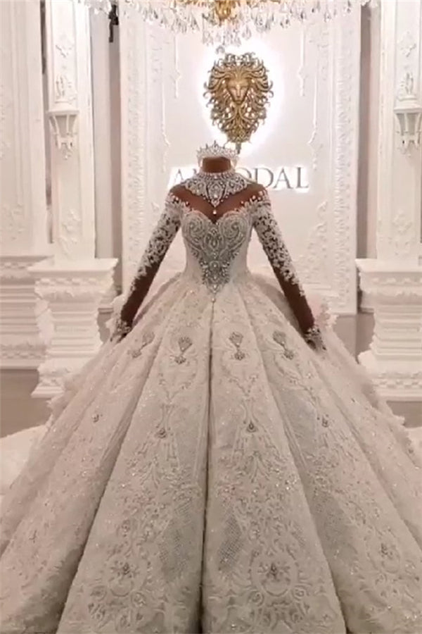 luxury high neck dresses Ball Gown High neck Luxurious Train Long Sleevess Sparkle Applique Satin  Wedding Dresses
