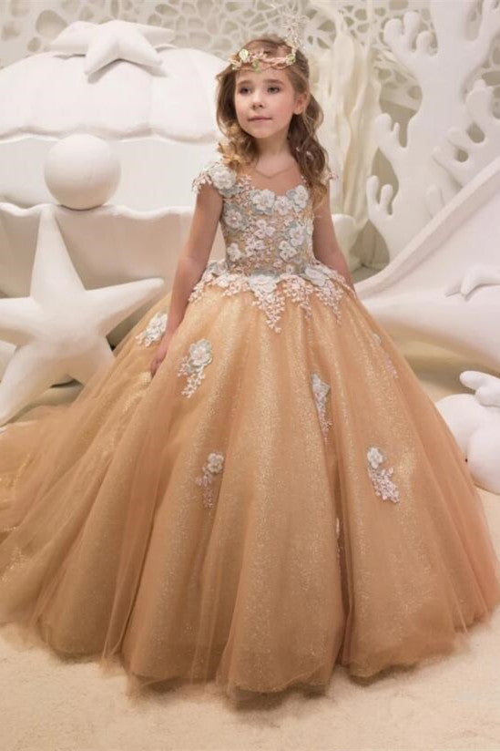 Ball Gown Round Collar Floor Length Court Tulle Applique Flower Girls