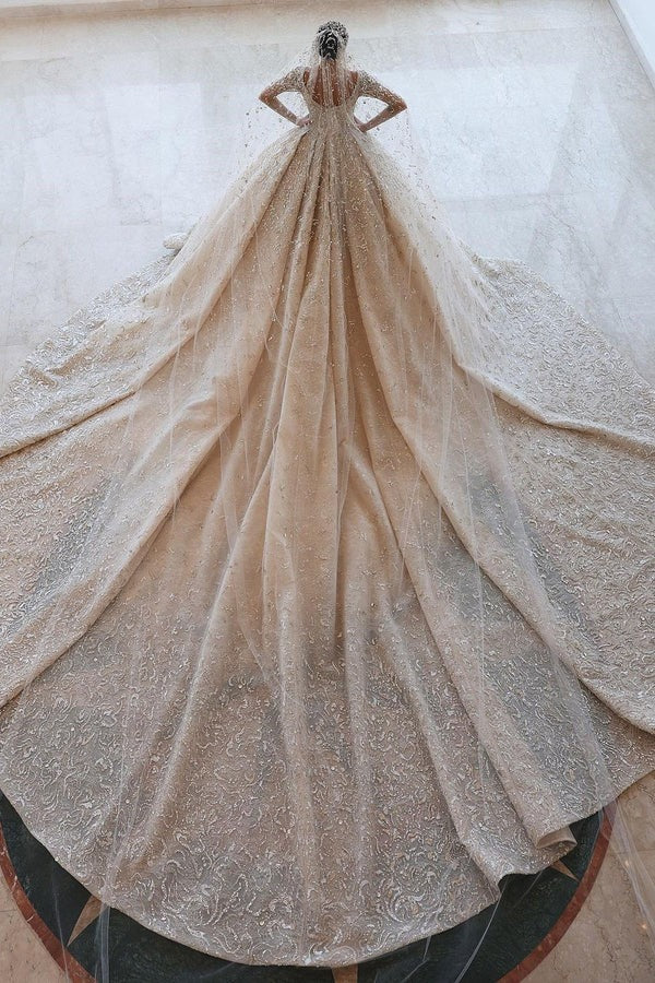 Ball gown Square Neck Long Sleeves with Floor Length Sparkle Beaded Wedding Dress-showprettydress