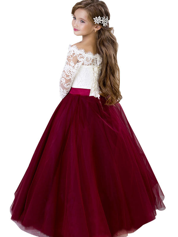 Bateau Neck Tulle Floor Length Princess Sash Kids Party Dresses-showprettydress