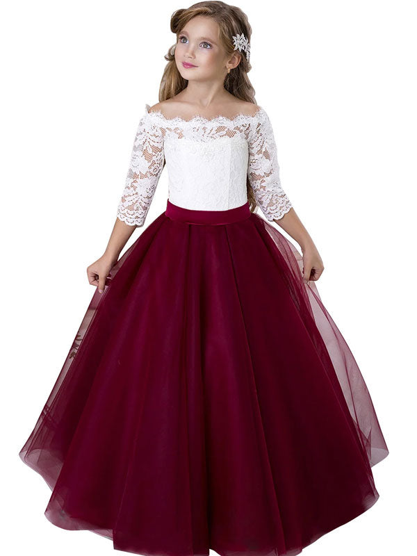 Bateau Neck Tulle Floor Length Princess Sash Kids Party Dresses-showprettydress