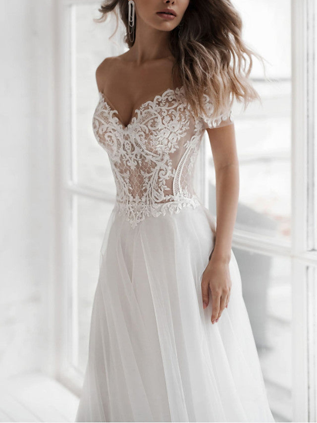 Beach Long A-Line Off the Shoulder Lace Tulle Wedding Dresses-showprettydress