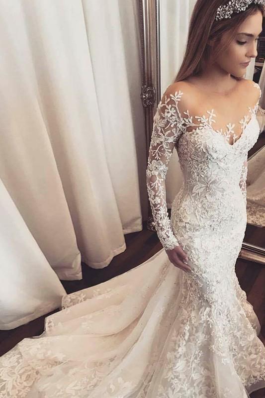Beach Long Sleeves Mermaid Tulle Appliques Lace Wedding Dress-showprettydress