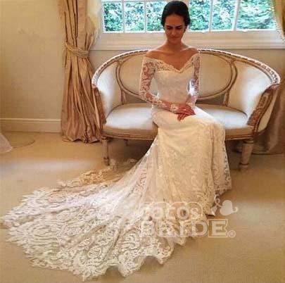 Beach Long Sleeves Off the Shoulder Mermaid Lace White Wedding Dress-showprettydress