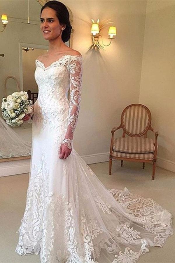 Beach Long Sleeves Off the Shoulder Mermaid Lace White Wedding Dress-showprettydress