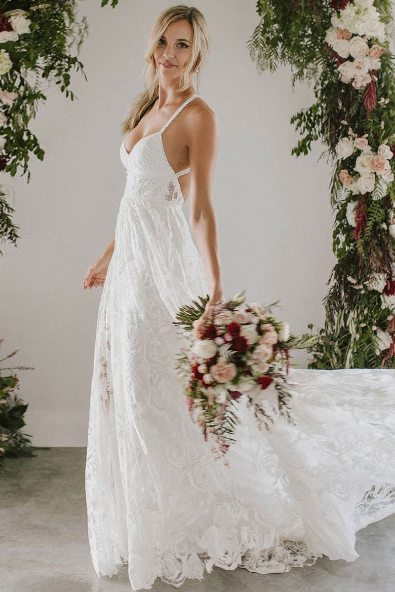 Beach Wedding Dress With Chapel Train White Chic V-Neck Sleeveless Sexy Backless Lace Split Long Bridal Gowns-Showprettydress