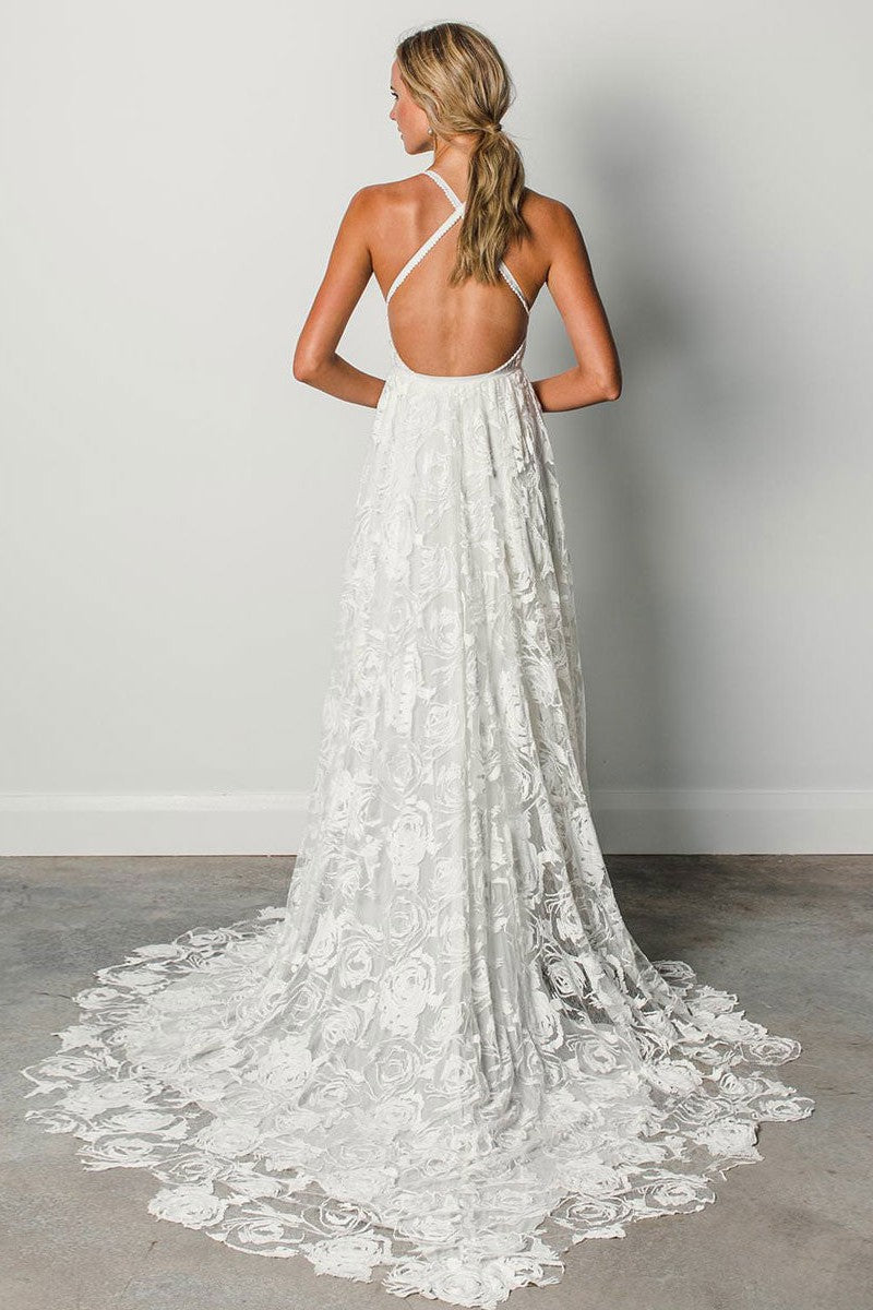 Beach Wedding Dress With Chapel Train White Chic V-Neck Sleeveless Sexy Backless Lace Split Long Bridal Gowns-Showprettydress