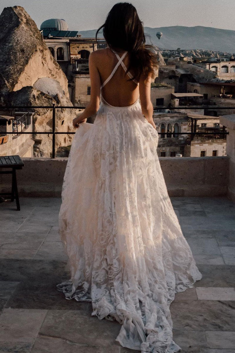 Beach Wedding Dress With Chapel Train White Chic V-Neck Sleeveless Sexy Backless Lace Split Long Bridal Gowns-Showprettydress