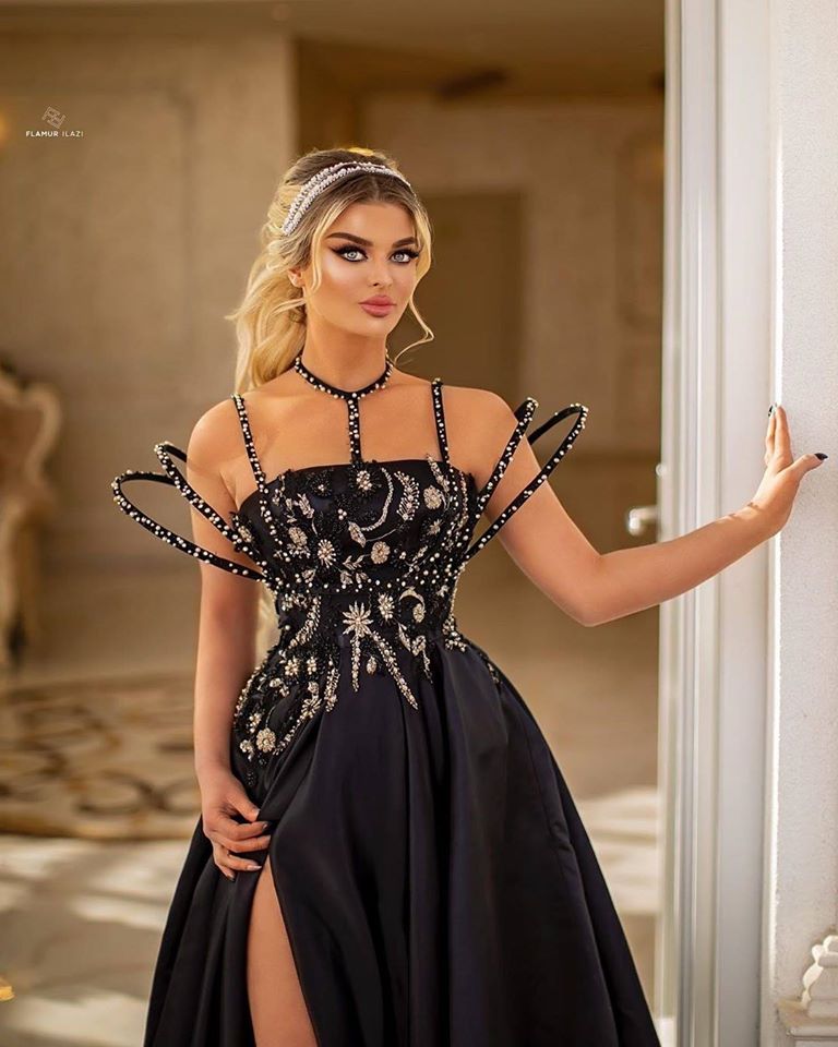Beaded Moon and Night Black Sparkle Sequin High Split Evening Dress-showprettydress