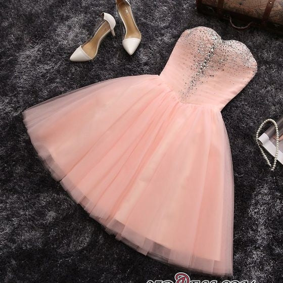 Beads Sequins Short Homecoming Dresses Sweetheart Coral Pink Hoco Dress-showprettydress